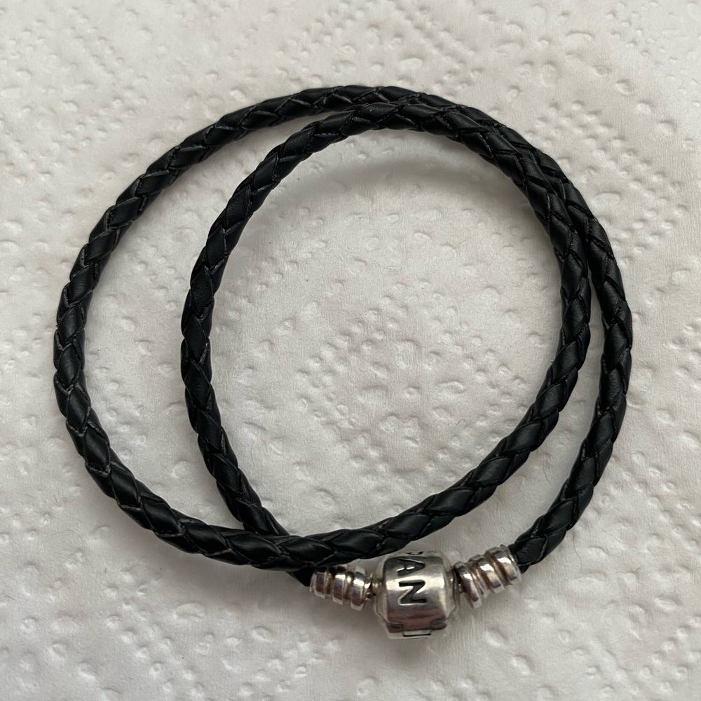 Authentic Pandora double wrap Black Braided Leather Bracelet Silver Clasp
